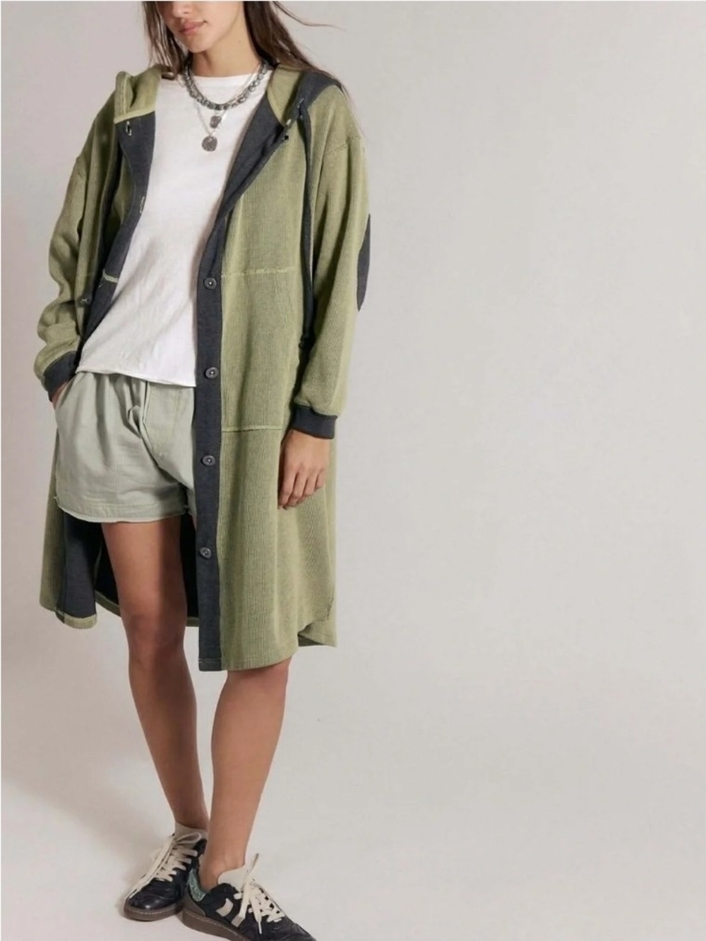 NWT Free People Tomorrows Sweatshirt Cardigan Green Ribbed Longline Jacket XS - Picture 2 of 13